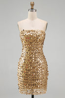 Laden Sie das Bild in den Galerie-Viewer, Glitzerndes Goldenes Trägerloses Pailletten Bodycon Kurzes Abendkleid