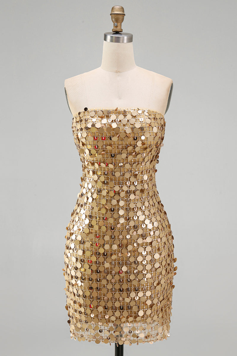 Laden Sie das Bild in den Galerie-Viewer, Glitzerndes Goldenes Trägerloses Pailletten Bodycon Kurzes Abendkleid