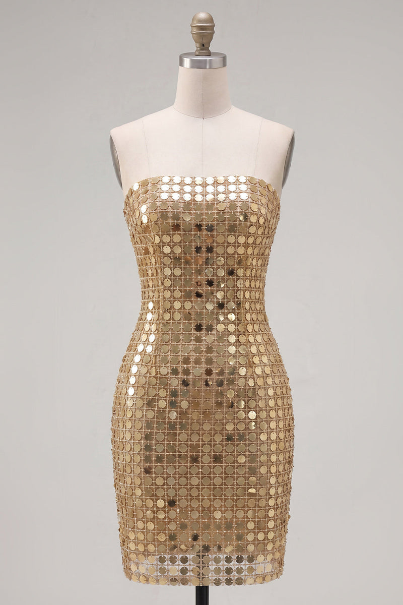 Laden Sie das Bild in den Galerie-Viewer, Glitzerndes Goldenes Trägerloses Pailletten Bodycon Kurzes Abendkleid