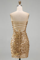 Laden Sie das Bild in den Galerie-Viewer, Glitzerndes Goldenes Trägerloses Pailletten Bodycon Kurzes Abendkleid