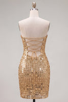 Laden Sie das Bild in den Galerie-Viewer, Glitzerndes Goldenes Trägerloses Pailletten Bodycon Kurzes Abendkleid