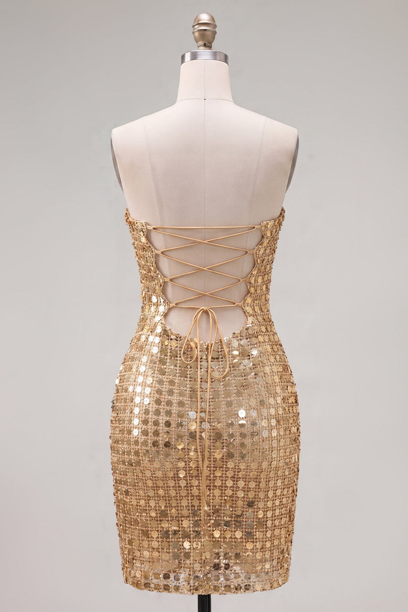 Laden Sie das Bild in den Galerie-Viewer, Glitzerndes Goldenes Trägerloses Pailletten Bodycon Kurzes Abendkleid