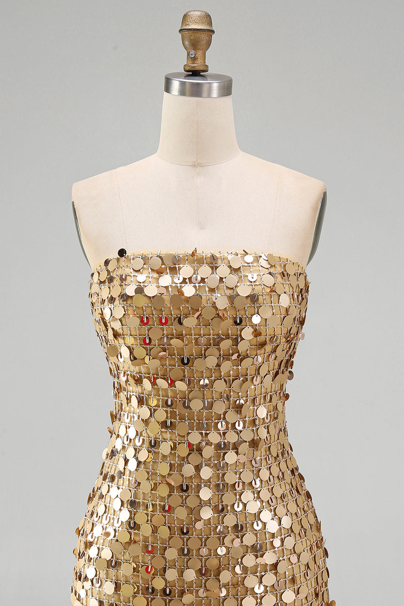 Laden Sie das Bild in den Galerie-Viewer, Glitzerndes Goldenes Trägerloses Pailletten Bodycon Kurzes Abendkleid