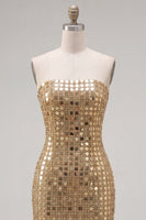 Laden Sie das Bild in den Galerie-Viewer, Glitzerndes Goldenes Trägerloses Pailletten Bodycon Kurzes Abendkleid