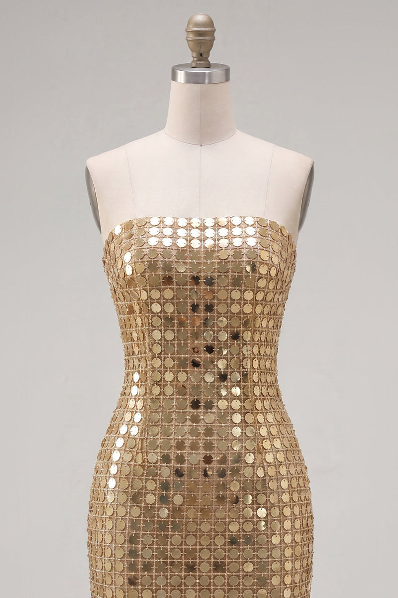 Laden Sie das Bild in den Galerie-Viewer, Glitzerndes Goldenes Trägerloses Pailletten Bodycon Kurzes Abendkleid