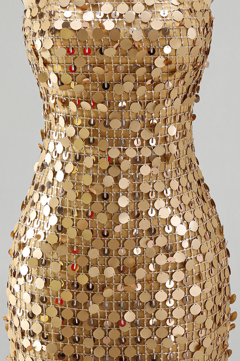 Laden Sie das Bild in den Galerie-Viewer, Glitzerndes Goldenes Trägerloses Pailletten Bodycon Kurzes Abendkleid