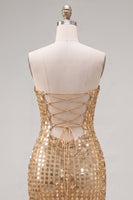 Laden Sie das Bild in den Galerie-Viewer, Glitzerndes Goldenes Trägerloses Pailletten Bodycon Kurzes Abendkleid
