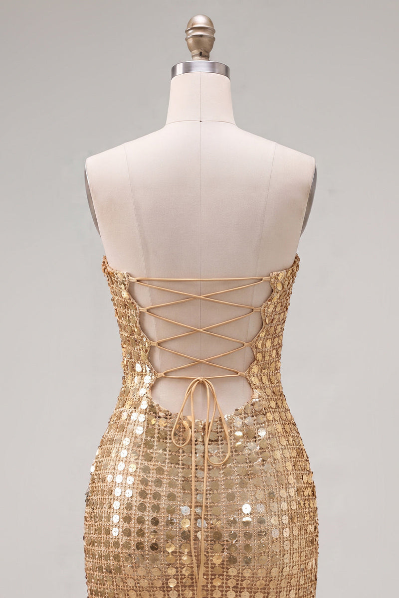 Laden Sie das Bild in den Galerie-Viewer, Glitzerndes Goldenes Trägerloses Pailletten Bodycon Kurzes Abendkleid