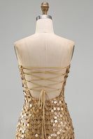 Laden Sie das Bild in den Galerie-Viewer, Glitzerndes Goldenes Trägerloses Pailletten Bodycon Kurzes Abendkleid