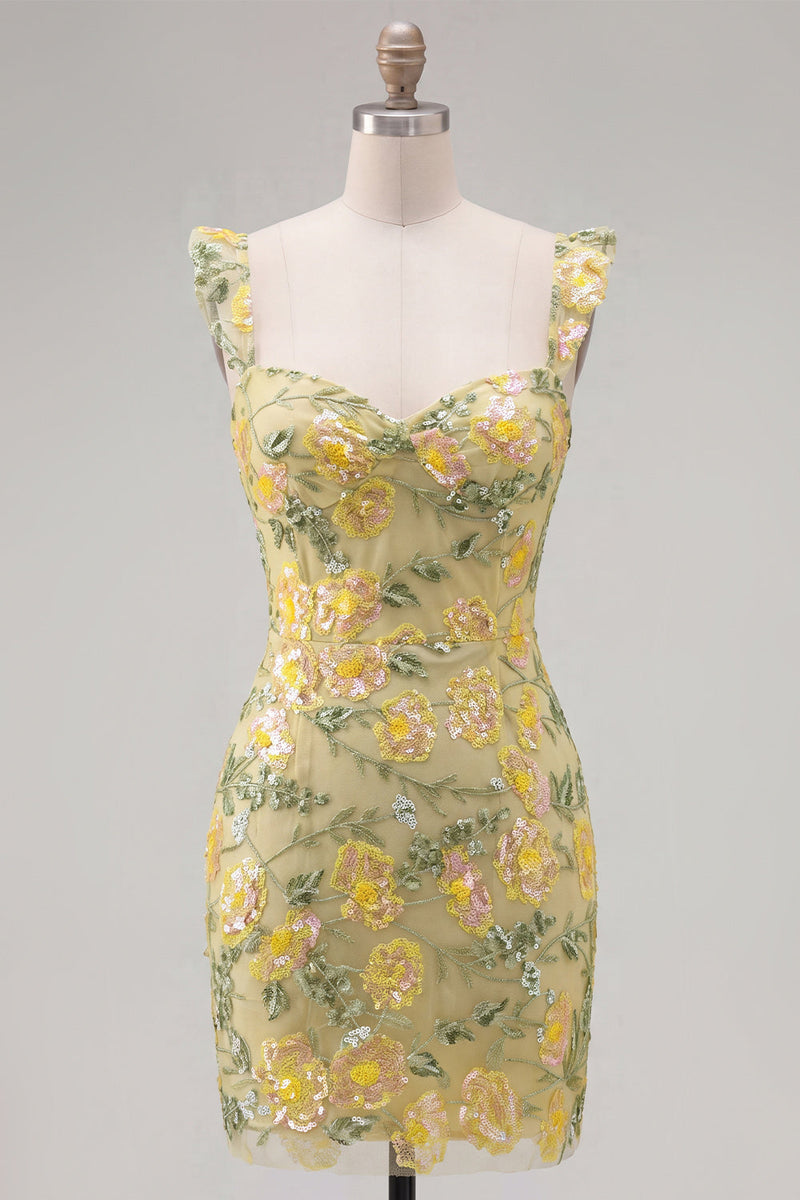 Laden Sie das Bild in den Galerie-Viewer, Gelbes, geblümtes Pailletten, besticktes Sweetheart Bodycon Homecoming-Kleid
