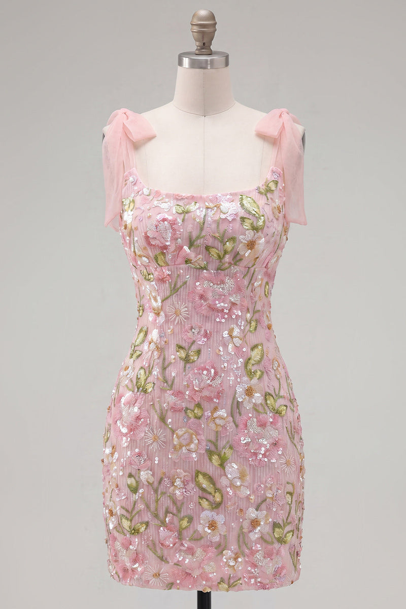 Laden Sie das Bild in den Galerie-Viewer, Romantisches rosa Pailletten-Blumenbesticktes Homecoming-Kleid mit Schleifenriemen