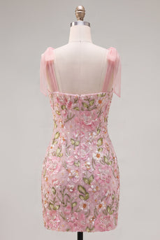 Romantisches Rosa Pailletten Blumenbesticktes Kurzes Abendkleid mit Schleifenriemen