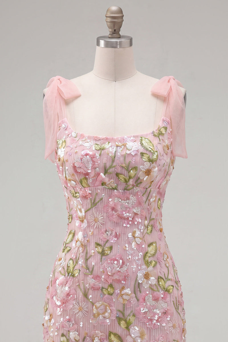 Laden Sie das Bild in den Galerie-Viewer, Romantisches rosa Pailletten-Blumenbesticktes Homecoming-Kleid mit Schleifenriemen