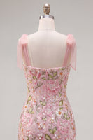 Laden Sie das Bild in den Galerie-Viewer, Romantisches rosa Pailletten-Blumenbesticktes Homecoming-Kleid mit Schleifenriemen