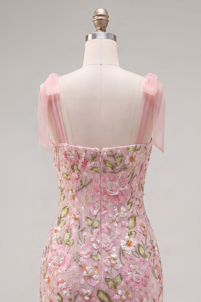 Laden Sie das Bild in den Galerie-Viewer, Romantisches rosa Pailletten-Blumenbesticktes Homecoming-Kleid mit Schleifenriemen