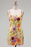 Laden Sie das Bild in den Galerie-Viewer, Gelbes Quadrathals-Bodycon-Floral-Homecoming-Kleid mit Stickerei