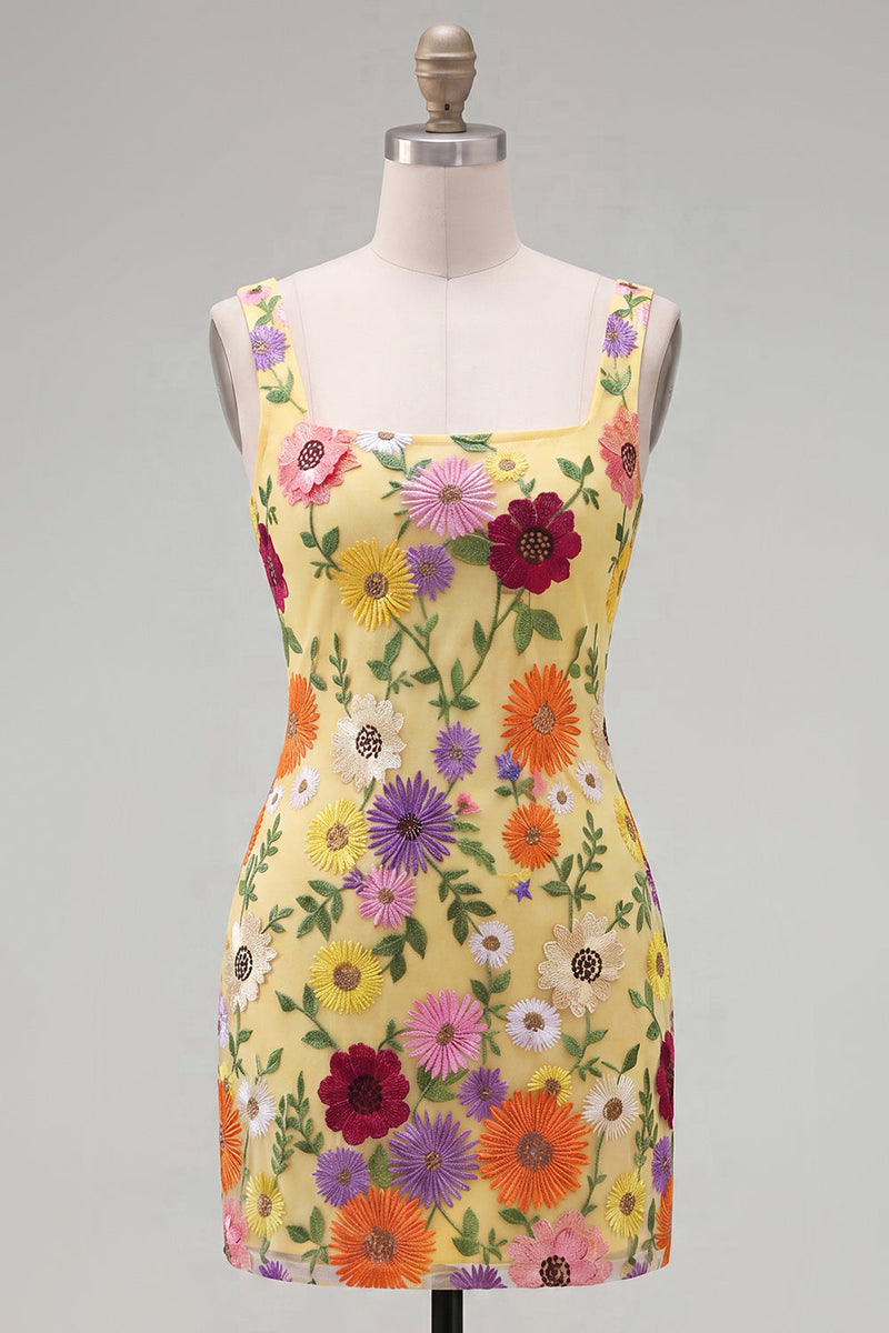 Laden Sie das Bild in den Galerie-Viewer, Gelbes Quadrathals-Bodycon-Floral-Homecoming-Kleid mit Stickerei