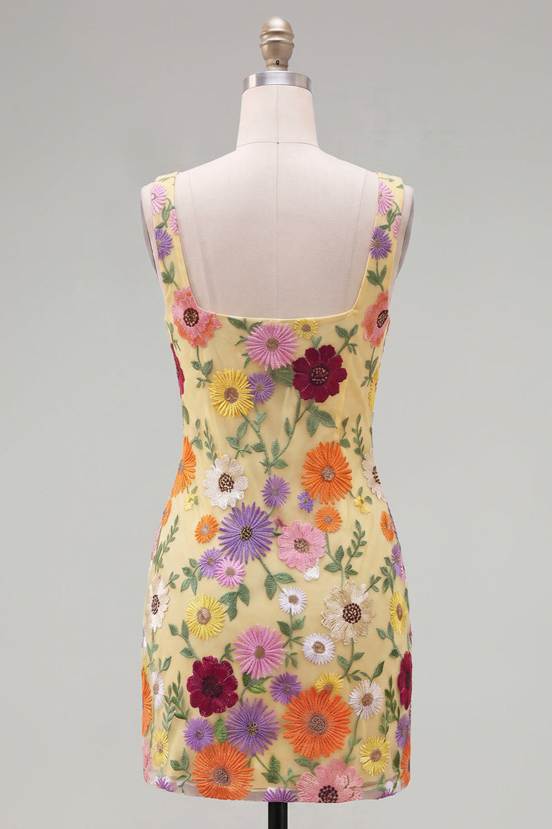 Laden Sie das Bild in den Galerie-Viewer, Gelbes Quadrathals-Bodycon-Floral-Homecoming-Kleid mit Stickerei