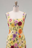 Laden Sie das Bild in den Galerie-Viewer, Gelbes Quadrathals-Bodycon-Floral-Homecoming-Kleid mit Stickerei