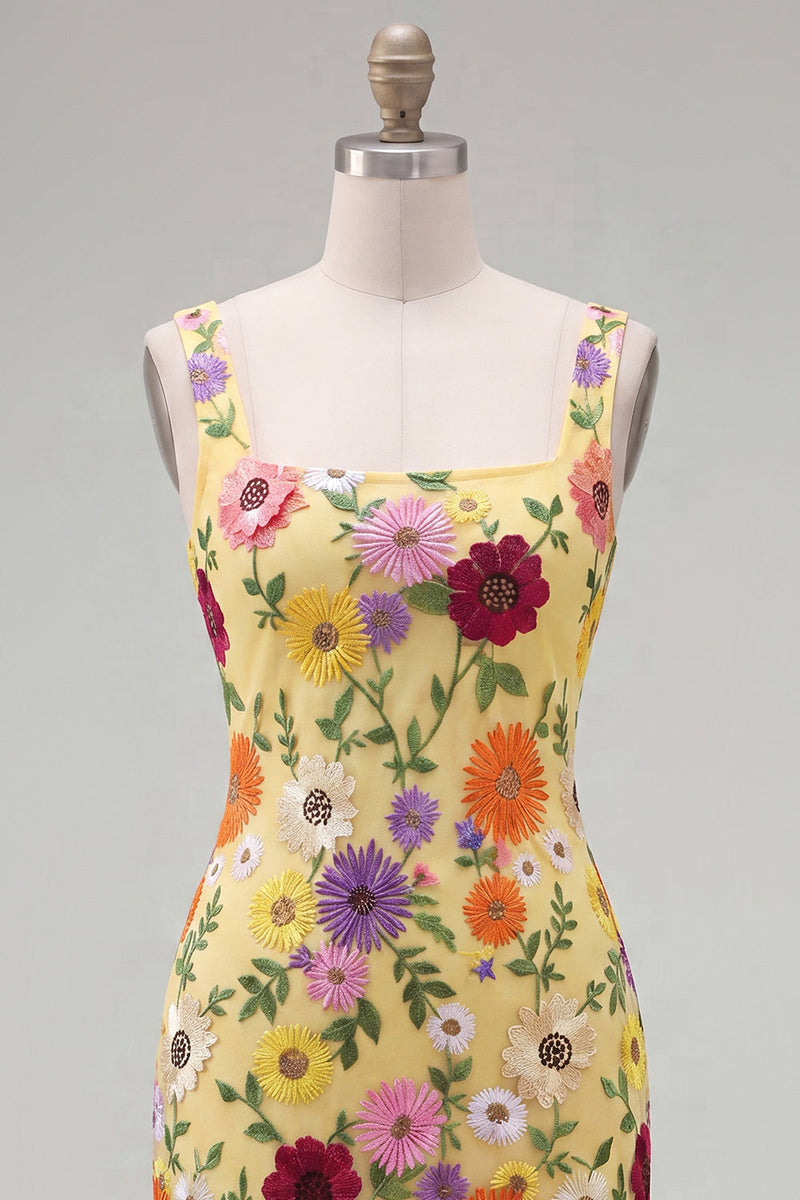 Laden Sie das Bild in den Galerie-Viewer, Gelbes Quadrathals-Bodycon-Floral-Homecoming-Kleid mit Stickerei