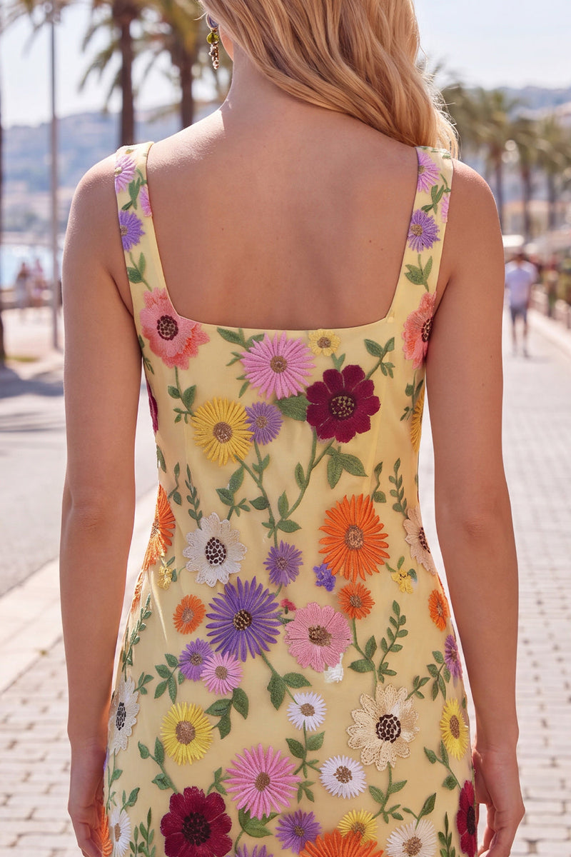 Laden Sie das Bild in den Galerie-Viewer, Gelbes Quadrathals-Bodycon-Floral-Homecoming-Kleid mit Stickerei