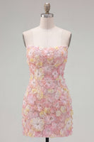 Laden Sie das Bild in den Galerie-Viewer, Pinkes, trägerloses, florales Short-Bodycon-Homecoming-Kleid mit Perlen