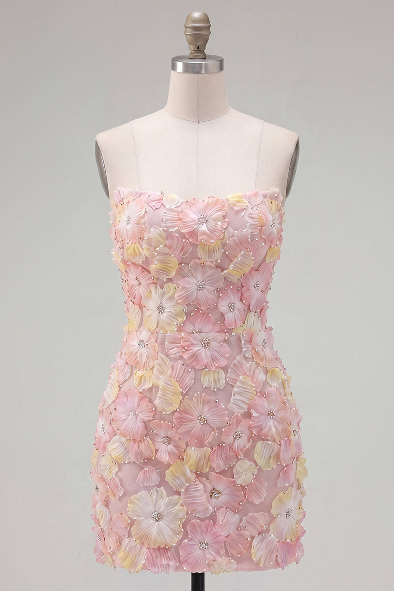 Laden Sie das Bild in den Galerie-Viewer, Pinkes, trägerloses, florales Short-Bodycon-Homecoming-Kleid mit Perlen