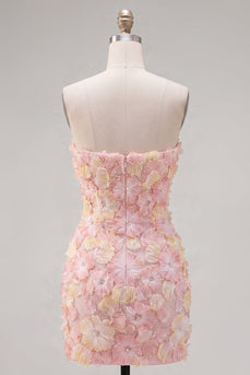 Rosa Trägerloses Florales Bodycon Kurzes Abendkleid mit Strasssteinen