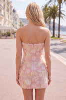 Laden Sie das Bild in den Galerie-Viewer, Pinkes, trägerloses, florales Short-Bodycon-Homecoming-Kleid mit Perlen