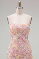Laden Sie das Bild in den Galerie-Viewer, Pinkes, trägerloses, florales Short-Bodycon-Homecoming-Kleid mit Perlen