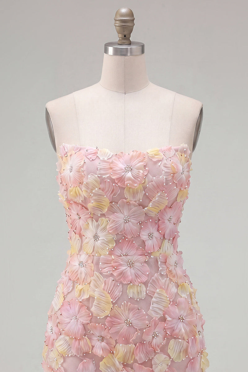 Laden Sie das Bild in den Galerie-Viewer, Pinkes, trägerloses, florales Short-Bodycon-Homecoming-Kleid mit Perlen