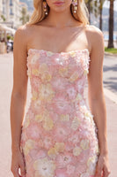 Laden Sie das Bild in den Galerie-Viewer, Pinkes, trägerloses, florales Short-Bodycon-Homecoming-Kleid mit Perlen
