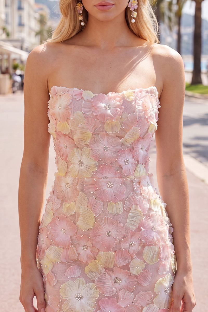Laden Sie das Bild in den Galerie-Viewer, Pinkes, trägerloses, florales Short-Bodycon-Homecoming-Kleid mit Perlen