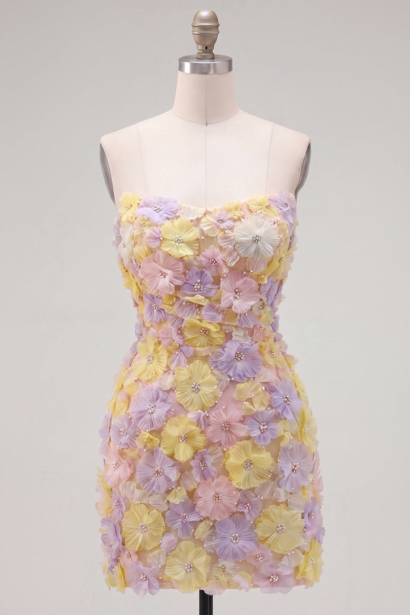 Laden Sie das Bild in den Galerie-Viewer, Pinkes, trägerloses, florales Short-Bodycon-Homecoming-Kleid mit Perlen