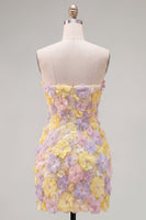 Laden Sie das Bild in den Galerie-Viewer, Pinkes, trägerloses, florales Short-Bodycon-Homecoming-Kleid mit Perlen