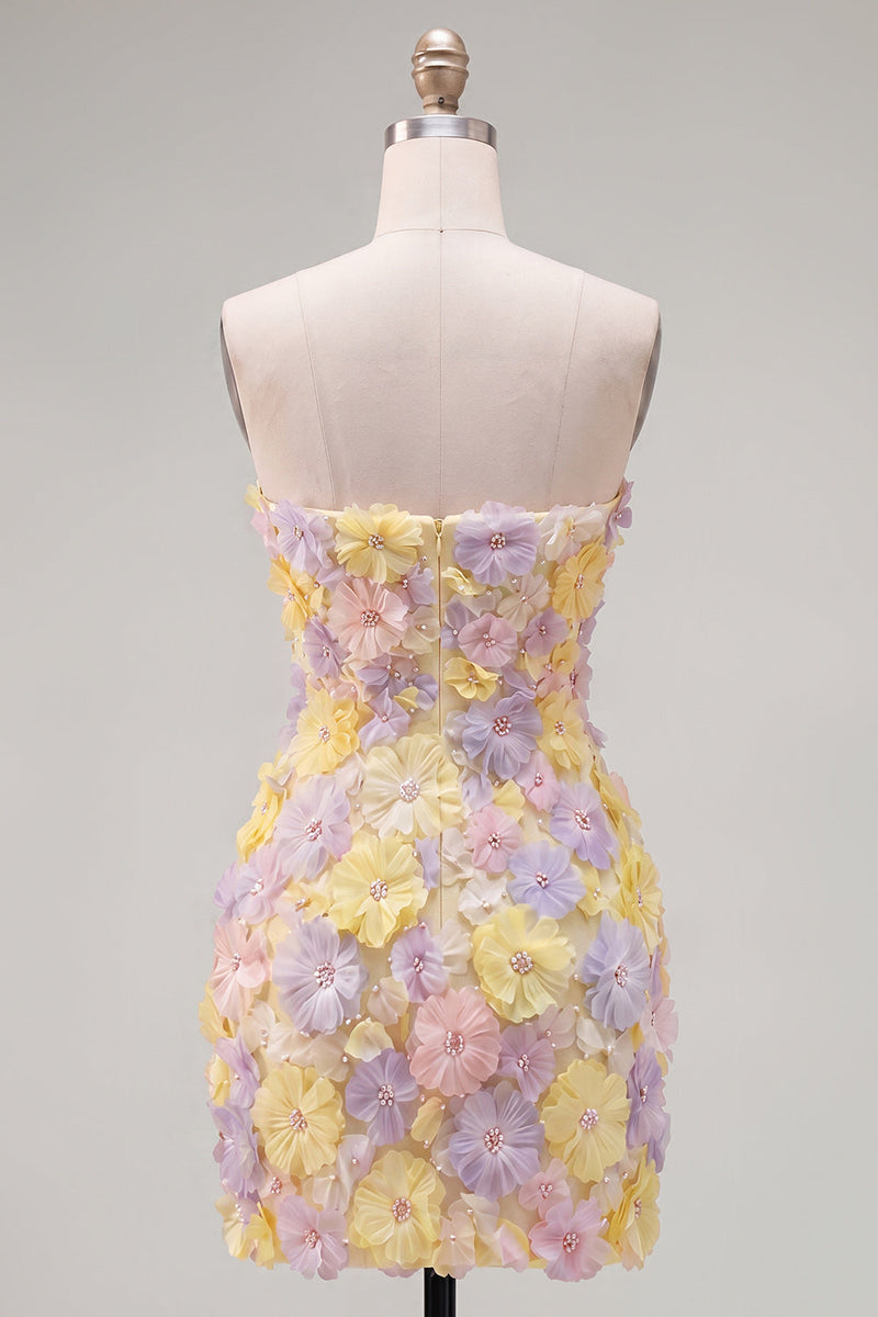 Laden Sie das Bild in den Galerie-Viewer, Pinkes, trägerloses, florales Short-Bodycon-Homecoming-Kleid mit Perlen