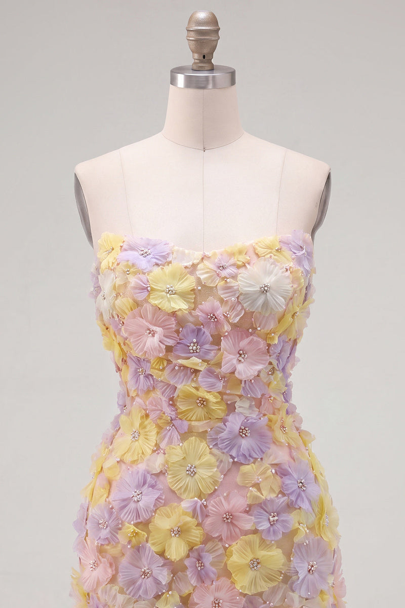Laden Sie das Bild in den Galerie-Viewer, Pinkes, trägerloses, florales Short-Bodycon-Homecoming-Kleid mit Perlen