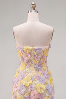 Laden Sie das Bild in den Galerie-Viewer, Pinkes, trägerloses, florales Short-Bodycon-Homecoming-Kleid mit Perlen