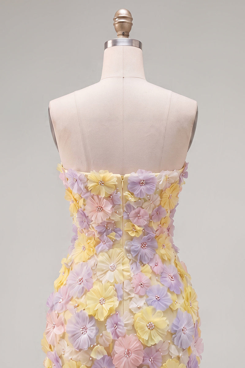 Laden Sie das Bild in den Galerie-Viewer, Pinkes, trägerloses, florales Short-Bodycon-Homecoming-Kleid mit Perlen
