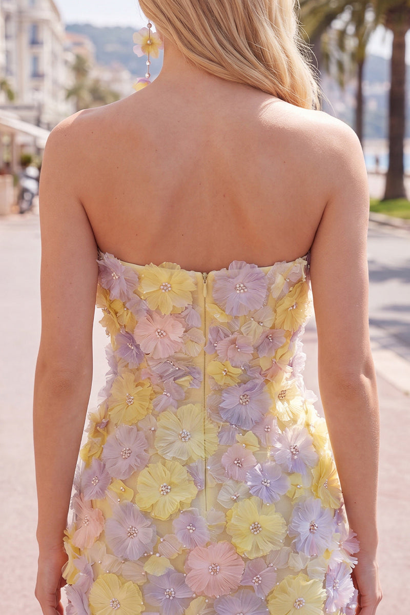Laden Sie das Bild in den Galerie-Viewer, Pinkes, trägerloses, florales Short-Bodycon-Homecoming-Kleid mit Perlen
