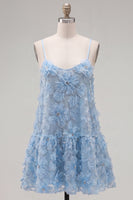 Laden Sie das Bild in den Galerie-Viewer, A-Line blaues Spaghetti-Träger 3D-Blumen-Homecoming-Kleid mit Perlen