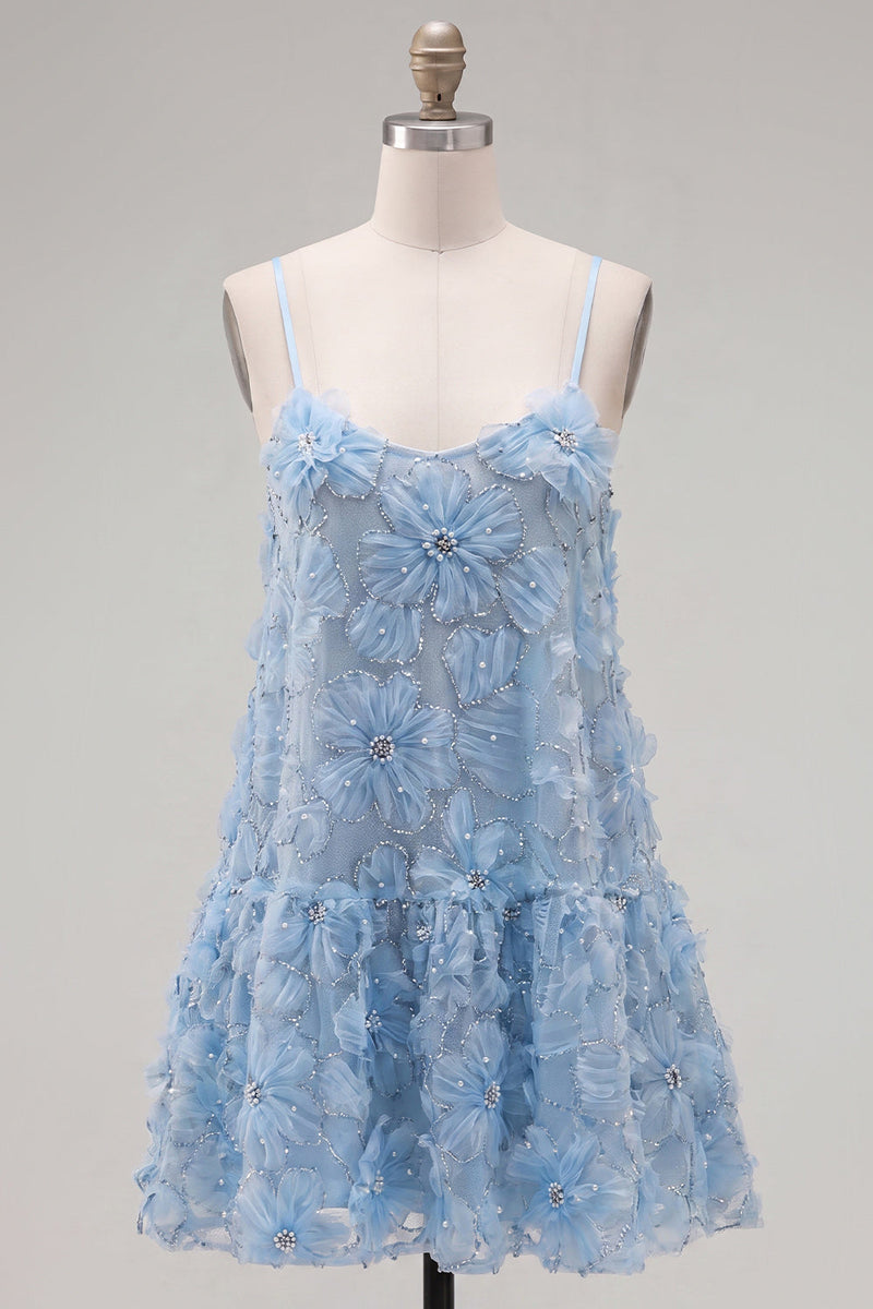 Laden Sie das Bild in den Galerie-Viewer, A-Line blaues Spaghetti-Träger 3D-Blumen-Homecoming-Kleid mit Perlen