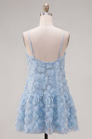 Laden Sie das Bild in den Galerie-Viewer, A-Line blaues Spaghetti-Träger 3D-Blumen-Homecoming-Kleid mit Perlen