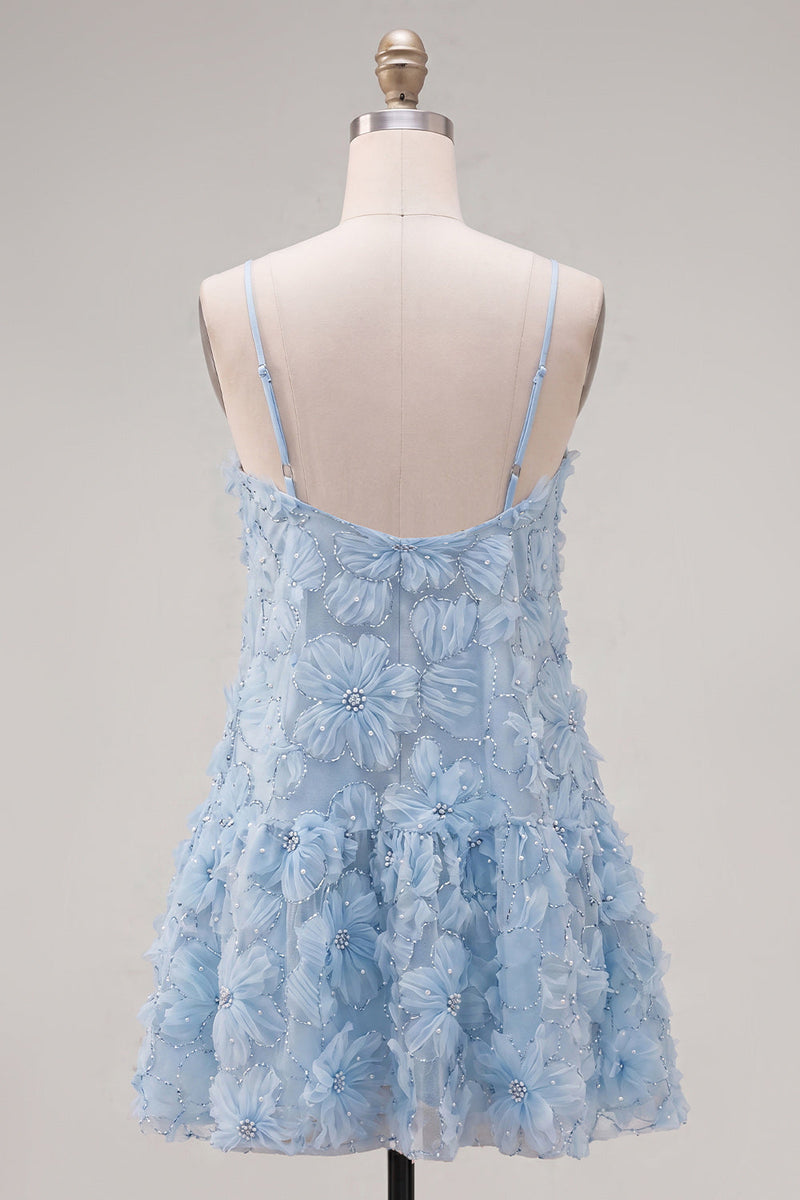 Laden Sie das Bild in den Galerie-Viewer, A-Line blaues Spaghetti-Träger 3D-Blumen-Homecoming-Kleid mit Perlen