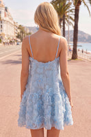 Laden Sie das Bild in den Galerie-Viewer, A-Line blaues Spaghetti-Träger 3D-Blumen-Homecoming-Kleid mit Perlen
