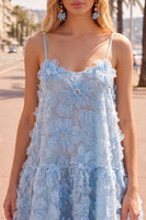 Laden Sie das Bild in den Galerie-Viewer, A-Line blaues Spaghetti-Träger 3D-Blumen-Homecoming-Kleid mit Perlen