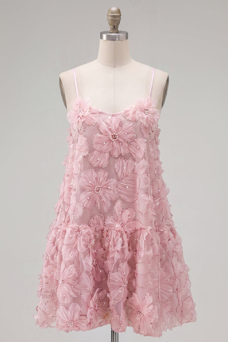 Laden Sie das Bild in den Galerie-Viewer, A-Line blaues Spaghetti-Träger 3D-Blumen-Homecoming-Kleid mit Perlen
