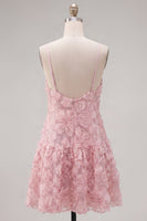 Laden Sie das Bild in den Galerie-Viewer, A-Line blaues Spaghetti-Träger 3D-Blumen-Homecoming-Kleid mit Perlen