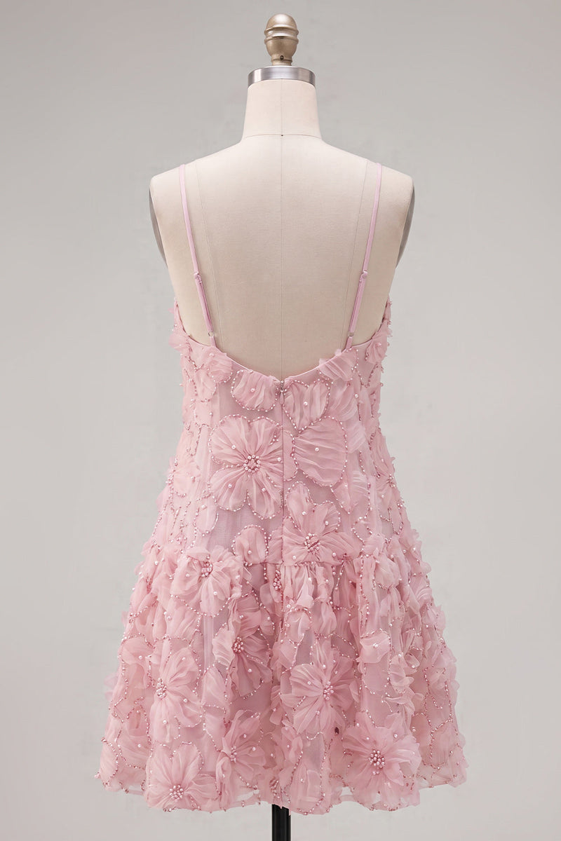 Laden Sie das Bild in den Galerie-Viewer, A-Line blaues Spaghetti-Träger 3D-Blumen-Homecoming-Kleid mit Perlen
