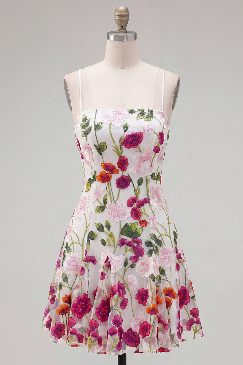 Laden Sie das Bild in den Galerie-Viewer, Rosa rote Blume A-Linie Spaghettiträger Kurzes Homecoming-Kleid mit Stickerei